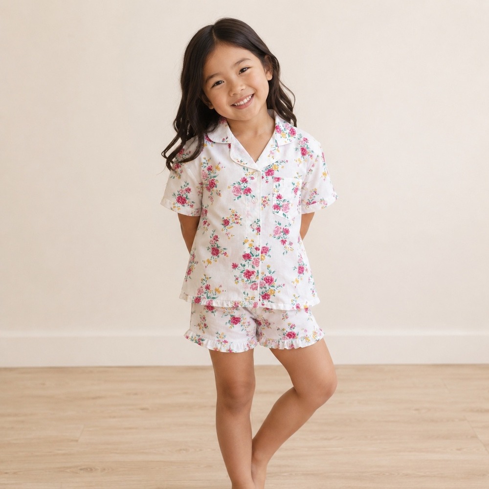 Cat & Jack Girls Floral Pajama Set White Pink Button Front Ruffle Shorts Size M